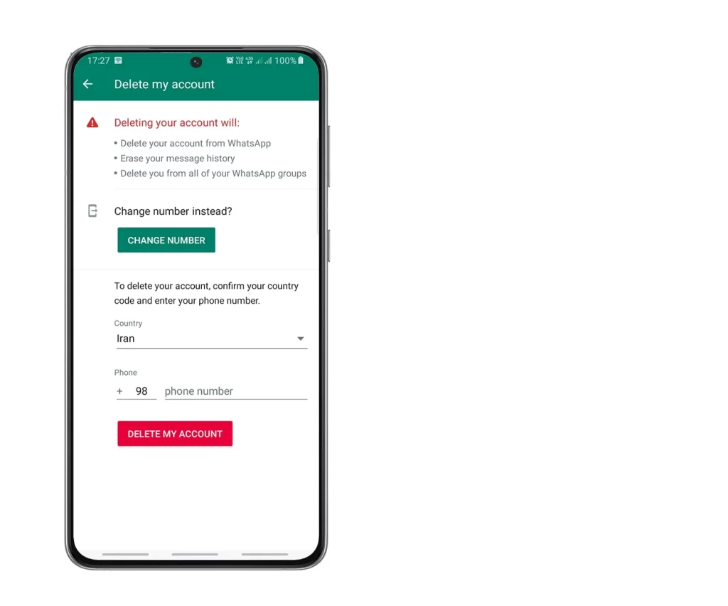 حذف اکانت whatsapp